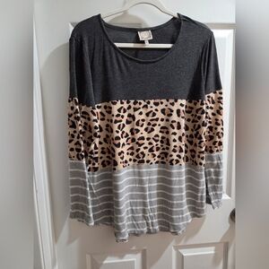 Truself Colorblock Leopard & Striped Long Sleeve Top
